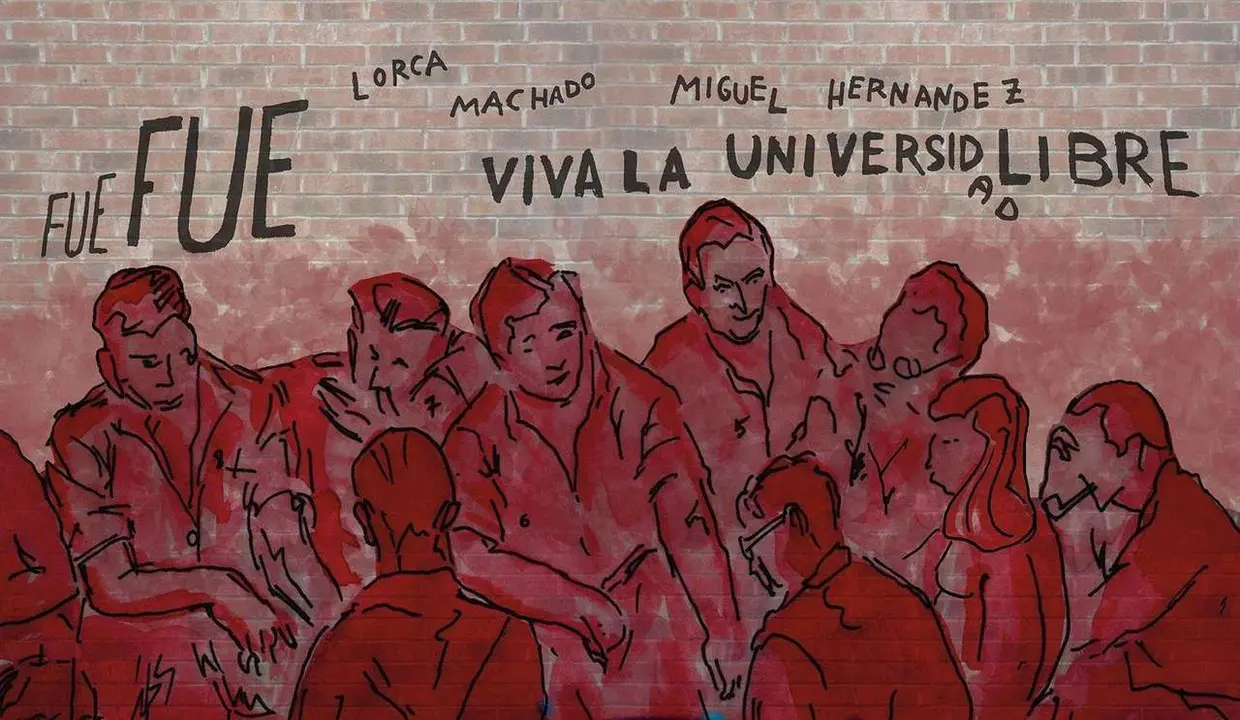 Ilustraci&oacute;n de la pintada &iexcl;Viva la Universidad Libre! por la que fue condenada la leonesa Albina P&eacute;rez (ARMH)