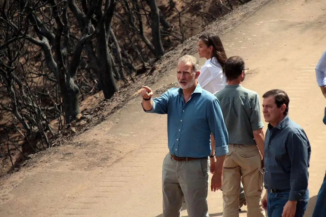 Peio Garc&iacute;a. ICAL. Los reyes, acompa&ntilde;ados del presidente de la Junta, Alfonso Fern&aacute;ndez Ma&ntilde;ueco, el delegado del Gobierno, Nicanor Sen y la Ministra de Igualdad, Ana Redondo, visitan las principales zonas afectadas por los incendios forestales en el paraje de las M&eacute;dulas (Le&oacute;n)