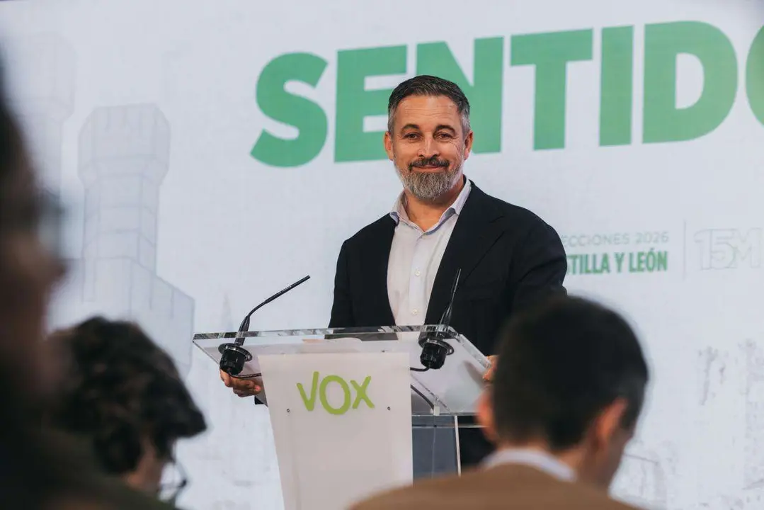 El presidente de Vox, Santiago Abascal,  durante la rueda de prensa ofrecida en la sede de Vox en Madrid. ICAL