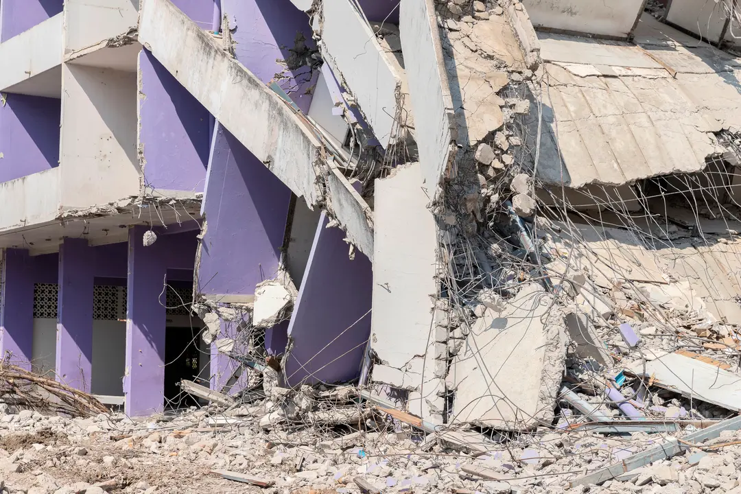 Debris and destroyed building that collapsed from the earthquake.