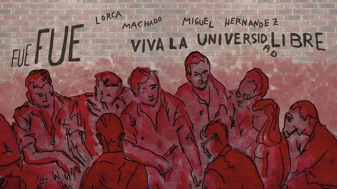 Ilustraci&oacute;n de la pintada &iexcl;Viva la Universidad Libre! por la que fue condenada la leonesa Albina P&eacute;rez (ARMH)
