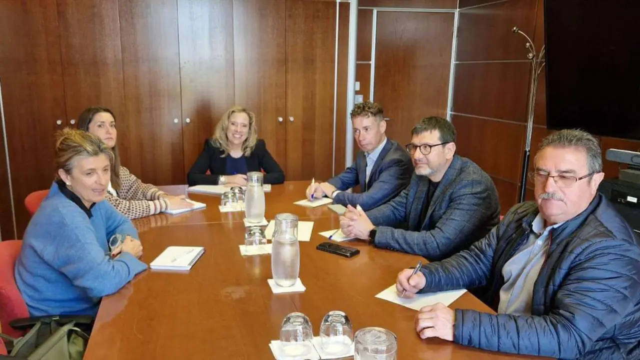 Reuni&oacute;n para la investigaci&oacute;n del accidente de la mina de Asturias. De izquierda a derecha, la secretaria general de la Asociaci&oacute;n de Municipios en Transici&oacute;n, Carolina Morilla; la alcaldesa de Ibias, Gema &Aacute;lvarez; la consejera de Transici&oacute;n Ecol&oacute;gica, Industria y Comercio del Principado de Asturias, Belarmina D&iacute;az; el alcalde de Villablino, Mario Rivas; el alcalde de Torre del Bierzo, Gabriel Folgado; y el teniente de alcalde de Cerredo, Luciano Villanueva.
