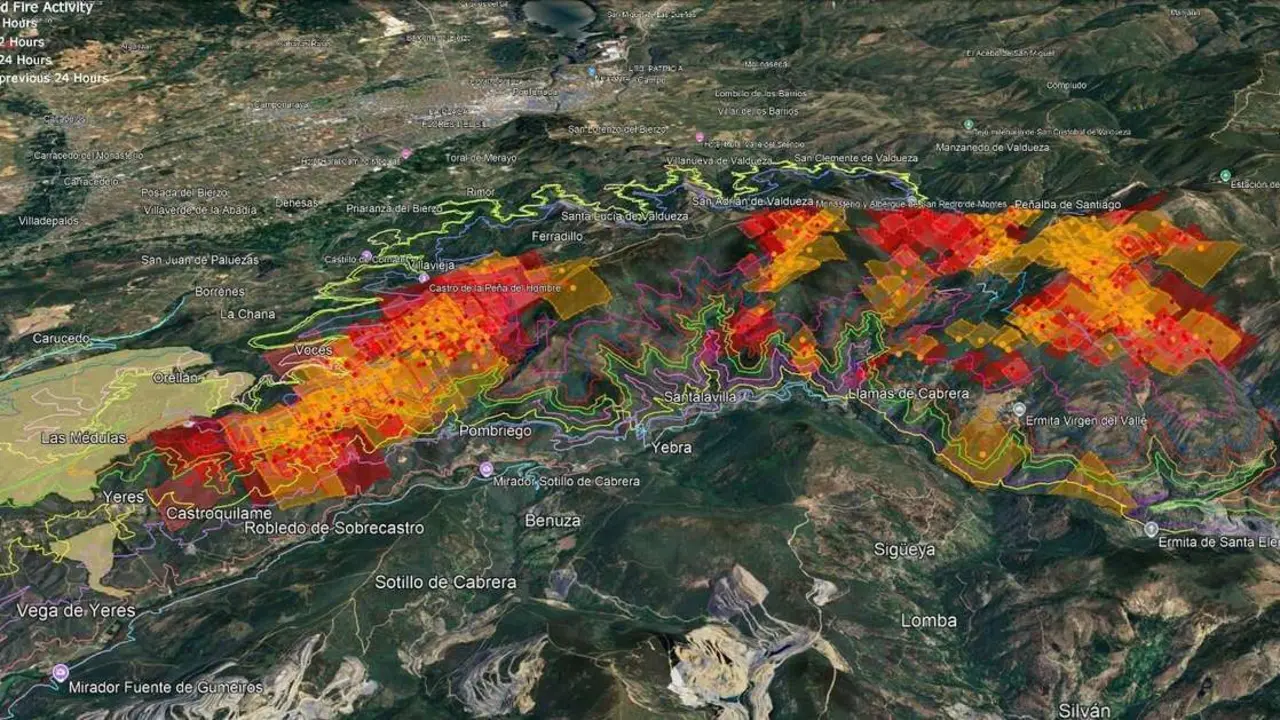 Mapa de la red hidr&aacute;ulica en 3D cartografiada por el Grupo Geoinca sobre el que se superponen los focos calientes del incendio observados mediante los sensores Modis y VIIRS de los sat&eacute;lites de la Nasa en Google Earth, tomada el d&iacute;a 12 de agosto.