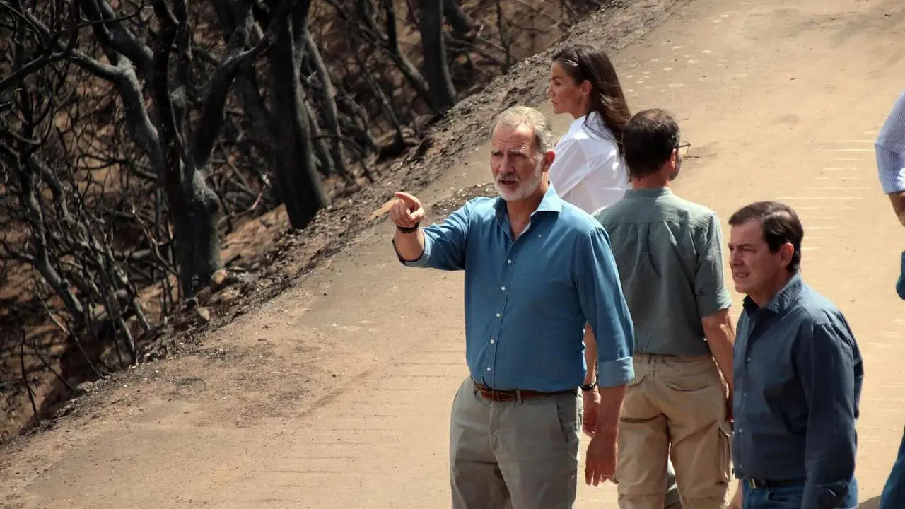 Peio Garc&iacute;a. ICAL. Los reyes, acompa&ntilde;ados del presidente de la Junta, Alfonso Fern&aacute;ndez Ma&ntilde;ueco, el delegado del Gobierno, Nicanor Sen y la Ministra de Igualdad, Ana Redondo, visitan las principales zonas afectadas por los incendios forestales en el paraje de las M&eacute;dulas (Le&oacute;n)