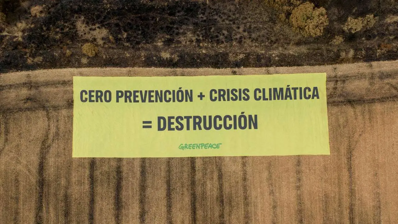 Greenpeace despliega una pancarta gigante con el lema "Cero prevenci&oacute;n + crisis clim&aacute;tica = destrucci&oacute;n" en Palacios de Jamuz (Le&oacute;n). Pablo Blazquez / Greenpeace