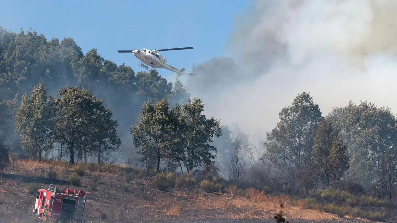 Una veintena de medios trabajan para intentar sofocar el incendio declarado en las cercan&iacute;as de Villasinta de Tor&iacute;o, en el municipio de Villaquilambre (Le&oacute;n). Ical