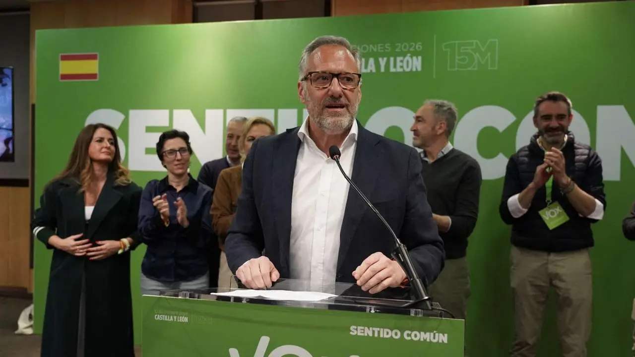 El candidato de VOX a la presidencia de Castilla y Le&oacute;n, Carlos Poll&aacute;n, en el &nbsp;AC Hotel Palacio de Santa Ana, Arroyo de la Encomienda (Valladolid) donde ha seguido el resultado de las elecciones. Eduardo Margareto. ICAL