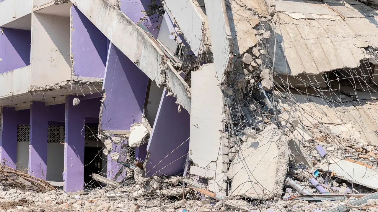 Debris and destroyed building that collapsed from the earthquake.