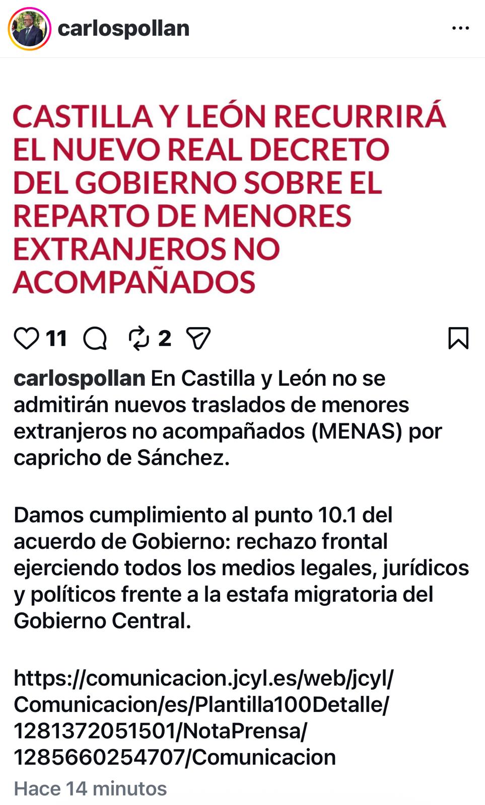 Mensaje de Carlos Pollán en Redes Sociales ante la publicación del recurso